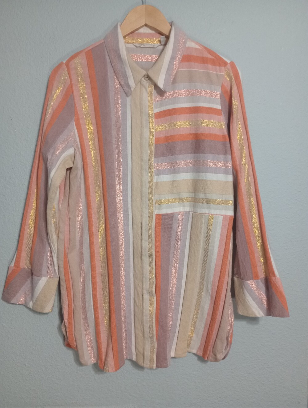 Soft Surroundings Maddalena Button Down Stripe Metallic Tunic Shirt